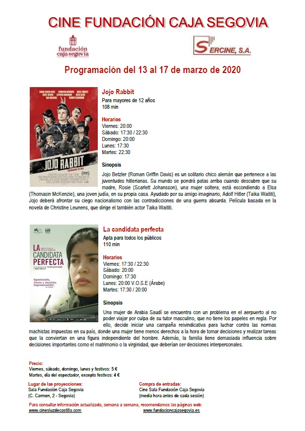 Cine Sala Fundacion 13 al 17 de marzo 2020